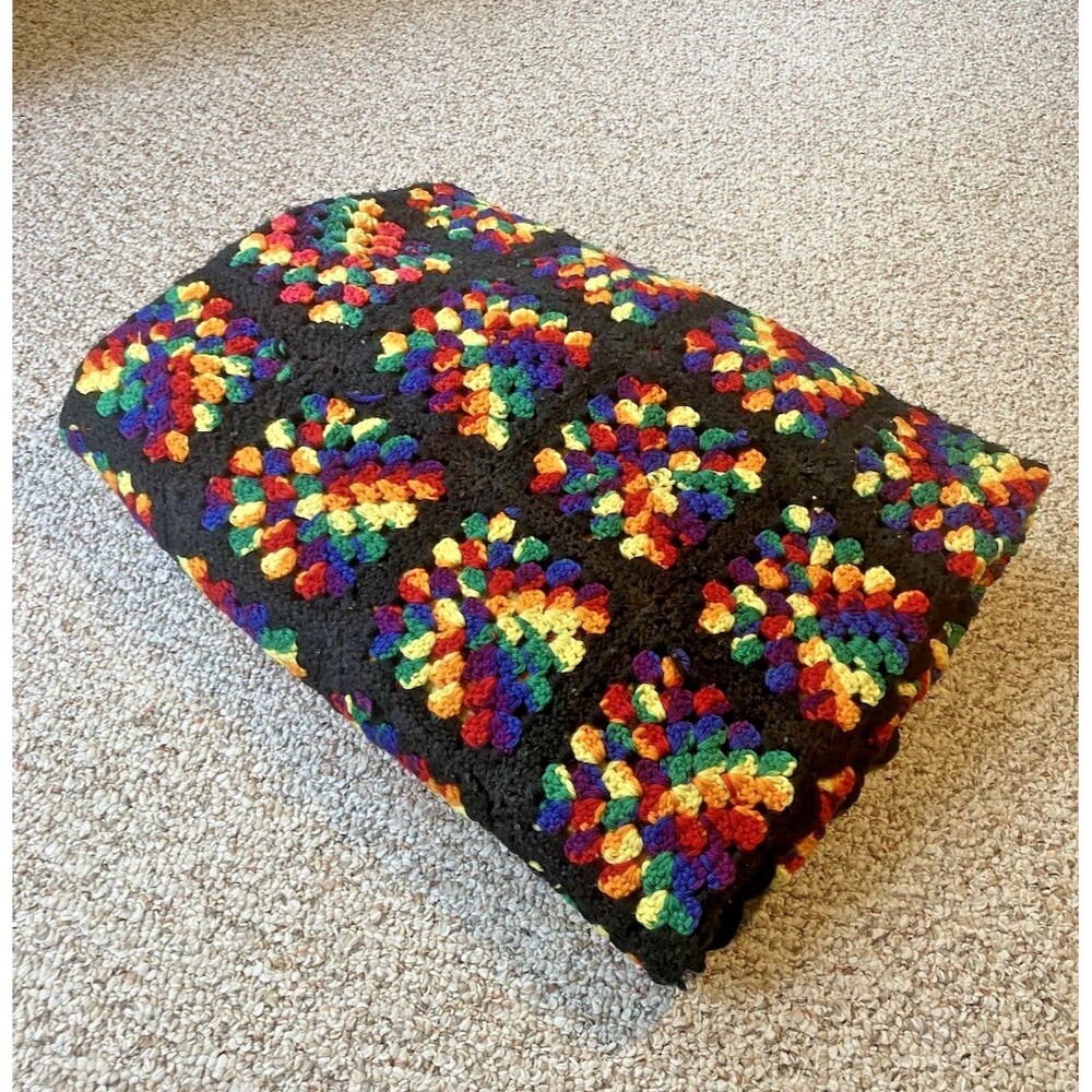 VTG Granny Square Afghan Blanket Handmade Crochet Sz 84" x 58" Colorful Rainbow